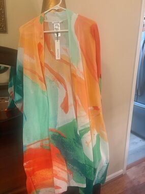 Chico's Multicolor Orange Green Abstract Open Cardigan